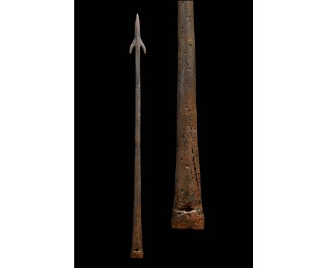 Circa 100-200 ADA forged iron spearhead of the pilum type with split conical socket, lozenge-section shaft, and lanceolate he