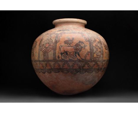 Circa 2700 BCLarge ceramic vessel, a round-bodied bowl, wider than it is tall, with a narrow, round mouth and a slightly rais