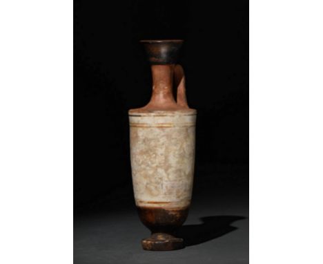 Circa 470-460 BCA classical-form lekythos with a pyriform body above a disk-form base, a strip handle and a long neck ending 