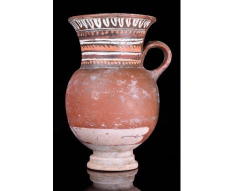 Circa 370-325 BCA glazed wheel-thrown thistle mug with a petite tiered foot, a bulbous body that tapers to a wide neck, a fla