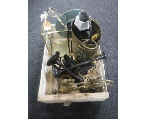 A box of assorted brass ware - two horses, lantern, bin, flat iron, metal door knocker and etc 