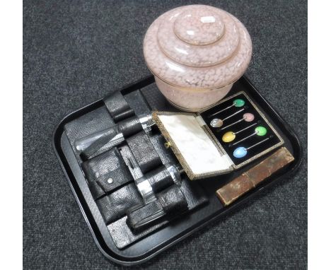 A tray containing a set of six cased enamelled coffee spoons, cut throat razor, leather gent's travel set and an Art Deco lig