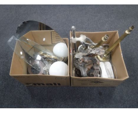 Two boxes of bathroom fittings, brass Corinthian column table lamps, vintage juicer etc 