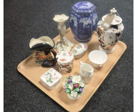 A tray of Ringtons Maling ware, Limoges candlestick, Coalport lidded preserve pot, Royal Crown Derby milk jug and sugar basin