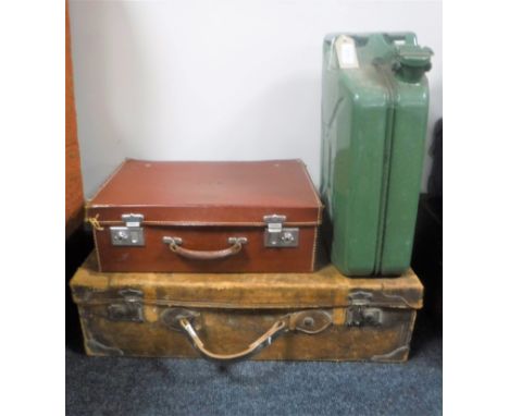 Two vintage leather luggage cases together with a 20 litre Jerry can 