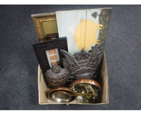 A box of three graduated copper pans, brass ceiling light with glass drops, carved hardwood mask, etc 