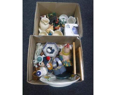 Two boxes of miscellaneous china - Wade whiskey jug, Ringtons millennium caddy, nautical related collectibles etc 