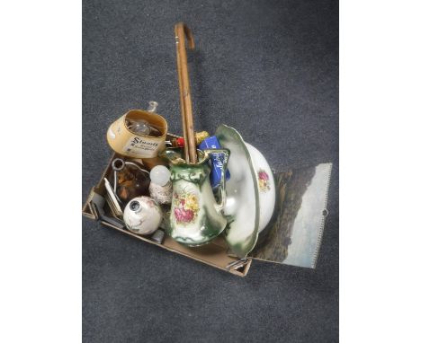 A box of pottery wash jug and basin, two walking sticks, assorted table lamps, pub ash trays etc 