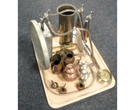 A tray of Salter balance scales, trench art shell, copper and brass jug, miniature bed warming pan etc 