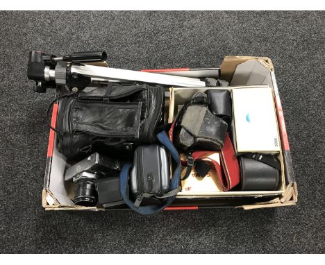 A box of Praktica Canon and Minolta cameras and accessories, tripod etc 