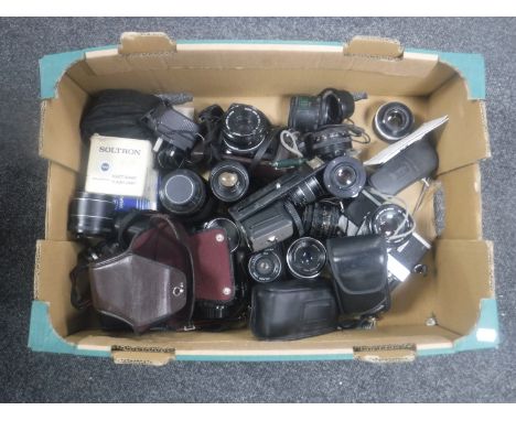 A box of assorted cameras and lenses - Minolta, Canon and Olympus 