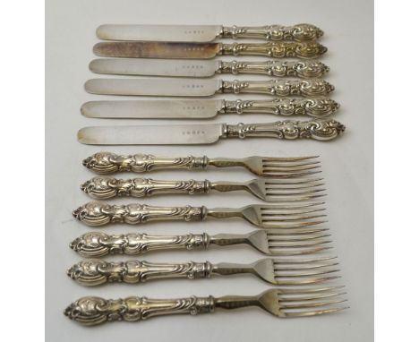 Aaron Hadfield, a set of six silver handled dessert knives & forks for six place settings, Sheffield, no date letter Hadfield