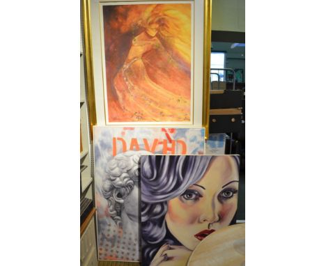 Large modern Ltd Edn print of a dancer 'Eternal Love' and two canvas portraits
