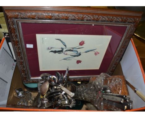 A quantity of assorted items, includes glass, cutlery, a framed print, wooden box etc