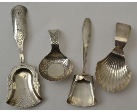 Peter Lambert, a Scottish silver caddy spoon,on scallop bowl design, Edinburgh 1820, together with three other silver caddy s