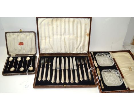 An early 20th century cased set of silver handled dessert knives &amp; forks, for six settings, Sheffield 1930 (including one