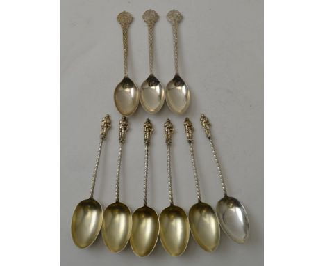 George Unite, a set of six silver apostle coffee spoons, Birmingham 1891 together with three Cooper Brothers and Sons Ltd cof