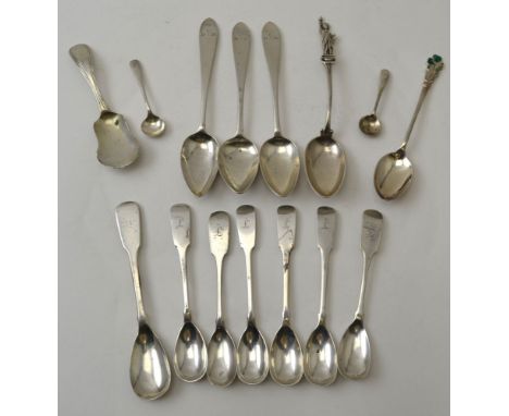 Richard Garde (of Broad Lane, Cork), a set of four Irish silver condiment spoons, fiddle pattern, Dublin 1838, a pair of Iris