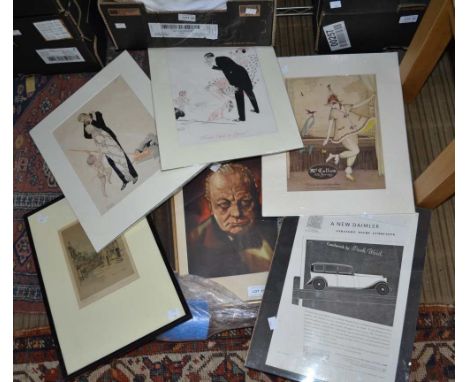 An oak framed portrait of Winston Churchill with other various prints