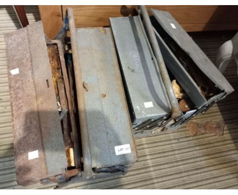 A pair of metal expanding tool boxes with contents