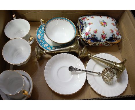 A box of miscellaneous items to include Crown Staffordshire Ellesmere tea bowl and saucer, pair of silver plated spill vases,
