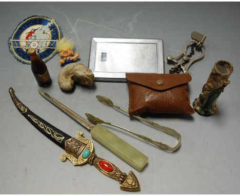 A box of miscellaneous items to include AA Relay car badge, silver plated pocket cigarette case, various enamel lapel badges,