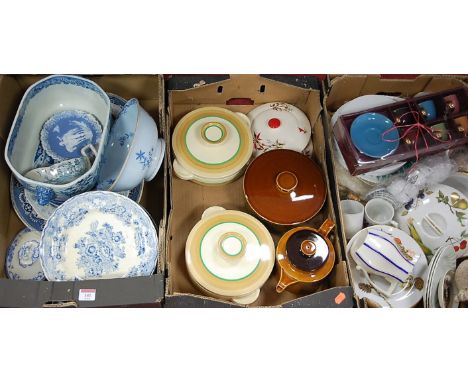 Three boxes of miscellaneous chinaware, to include; Victorian blue and white transfer decorated meat plates, Royal Doulton No