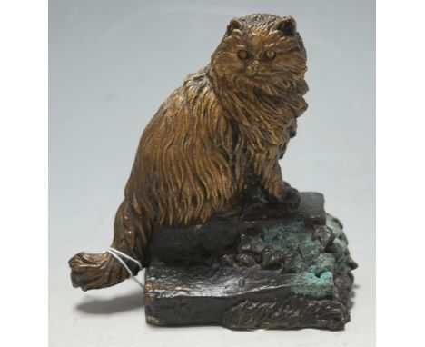 A 20th century bronze metal figure of a seated cat on a step, stamped verso Ronner, Paris 1892, height 12cm