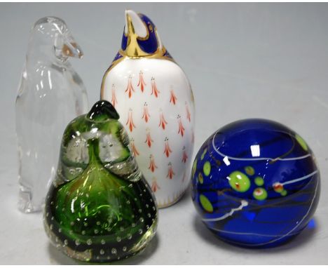 A Goebel glass penguin ornament together with Royal Crown Derby penguin, and two glass paperweights (4)