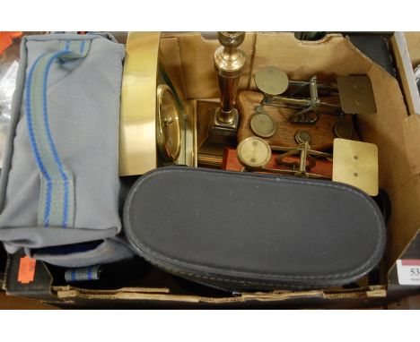 A box of miscellaneous items, to include; postal scales and weights, turned brass candlestick, modern mantel clock etc 