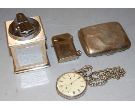 A small collection of miscellaneous items, to include; silver pocket cigarette case, white metal cased open faced pocket watc