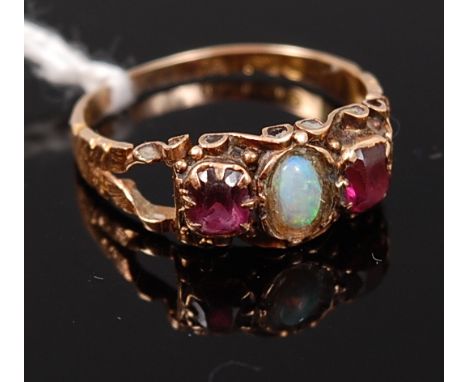 A vintage 15ct gold, opal and amethyst set dress ring, 2.5g, size O/P