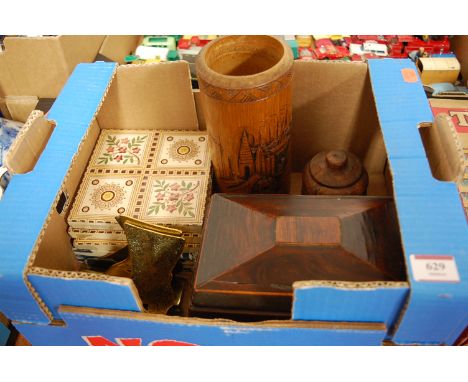 A small collection of miscellaneous items to include Victorian tiles, a Regency tea caddy, bamboo brush pot etc