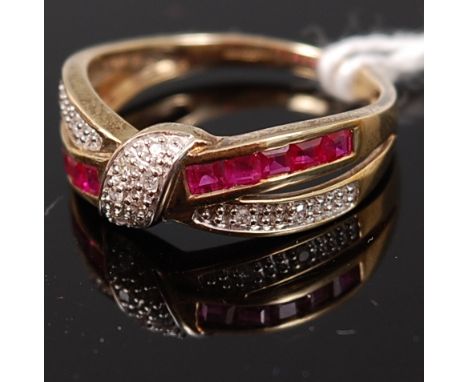 A modern 9ct gold, ruby and diamond point set crossover ring, 2.2g, size N