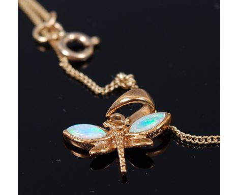 A modern 9ct gold and opal set insect pendant on finelink neckchain, 2.7g