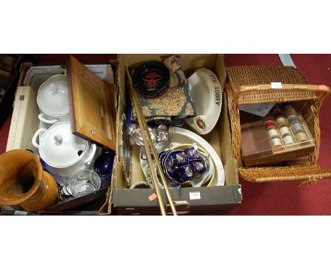 A large collection of miscellaneous items, to include; wicker-work box, Abbot ale advertising ashtrays, tapestry wall hanging