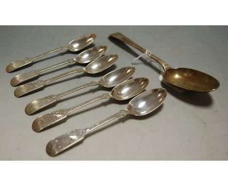 A George IV silver serving spoon, by William M Traies, London 1828; together with five various silver teaspoons, all by Willi