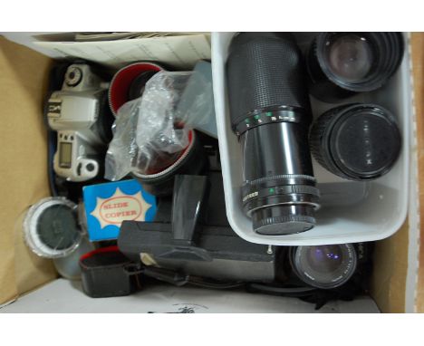 A collection of assorted cameras and accessories, to include; Canon EOS 300 , Canon zoom-lens FD70-210mm, Polaroid Square Sho