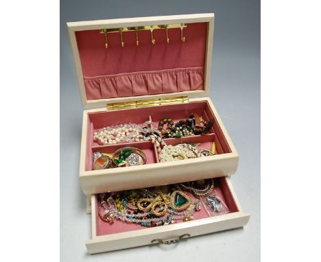 A modern white painted jewellery box and contents to include faux pearl necklace, ladies Tissot wrist watch etc