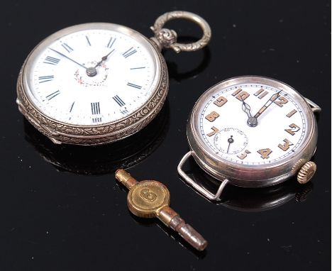 A continental silver cased open faced pocket watch having white enamel dial, engraved case and keywind movement, dia. 4cm; to