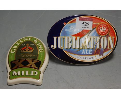 Two ceramic Greene King beer pump clips for Jubilation Ale and XX Mild
