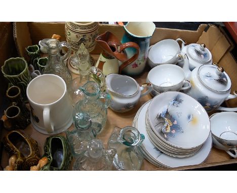 A box of miscellaneous china and glassware to include Japanese eggshell part tea service, Torquay pottery Mottoware vase, Syl