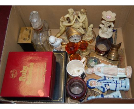 A box of miscellaneous items, to include; Victorian door furniture, continental figures, modern carriage clock etc  