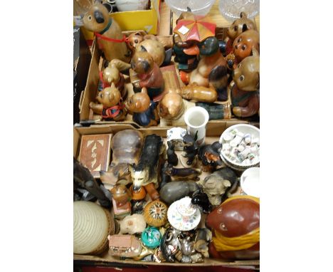 Two boxes of miscellaneous items, to include; animal figures, china thimbles, Broadstairs pottery decanter and stopper etc 