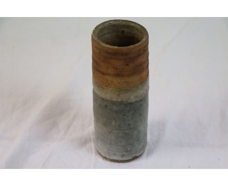 Alan Wallwork (British b.1931) textured stoneware studio pottery vase of cylindrical form circa 1960s, shades of grey and bro