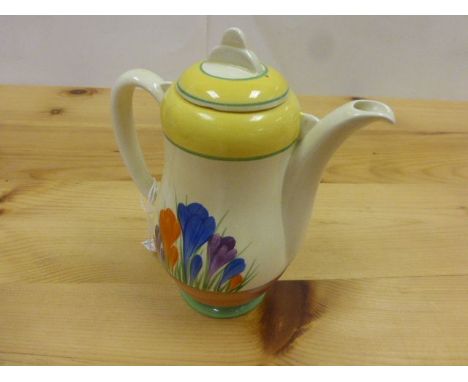 Clarice Cliff for Wilkinson Ltd crocus coffee pot of baluster form, blue, purple and orange crocuses with green, brown and ye