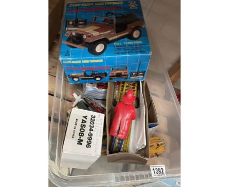 Box of vintage toys &amp; diecast including Dinky, Matchbox, Lego, Marx Climbing firemen, radio-controlled Jeep etc