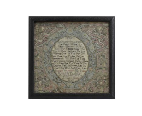 A George I needlework sampler, early 18th century, worked in predominantly tent and satin stitch with polychrome silk and met