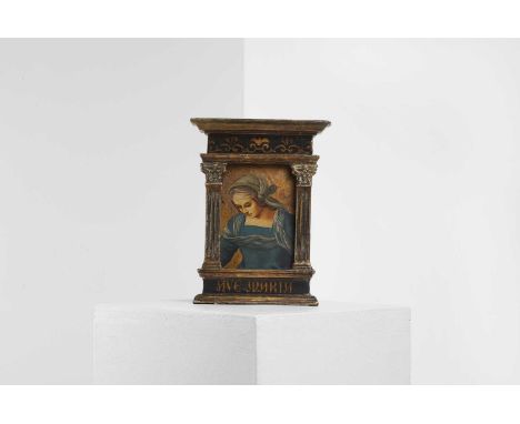 Italian School, 19th century, The Madonna, in a giltwood tabernacle fame, inscribed 'Ave Maria',19cm wide 4.5cm deep25.5cm hi