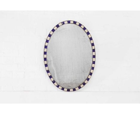 A George III-style oval mirror, 19th century, Irish, the mercury glass plate surrounded by alternating blue and white glass s